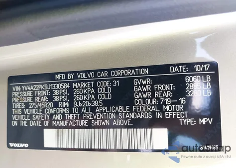 2018 Volvo Xc90 T6 Momentum z USA, uszkodzony, nr VIN YV4A22PK9J1330584